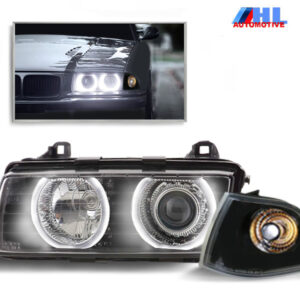 LED Angel Eyes Koplampen + Knipperlichten Helder Zwart BMW E36 Sedan/Touring 90-98 H7